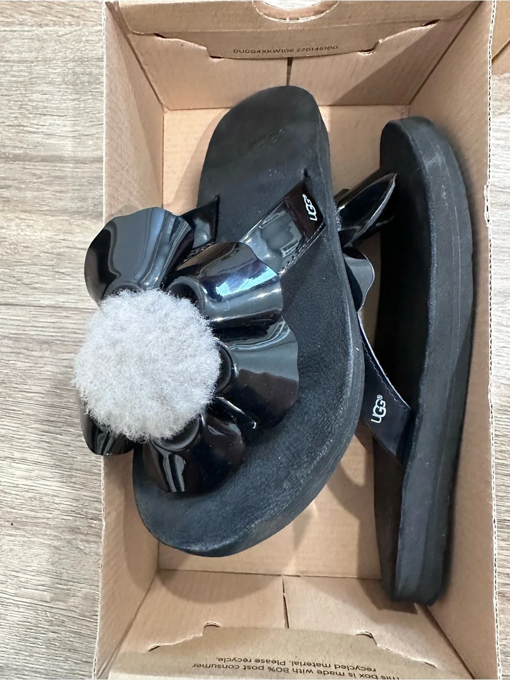 Used Little Girls UGG Black Patent Flip Flops with Light Gray Shearling Pom Pom